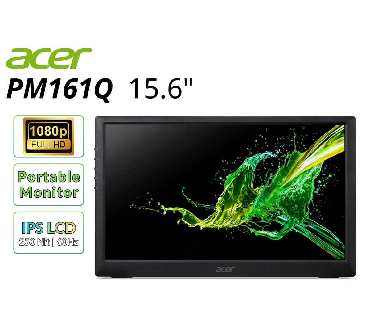 Acer 15.6" PM161Q Portable Monitor FHD 1920x1080 60Hz 250Nit 20ms Refurbished