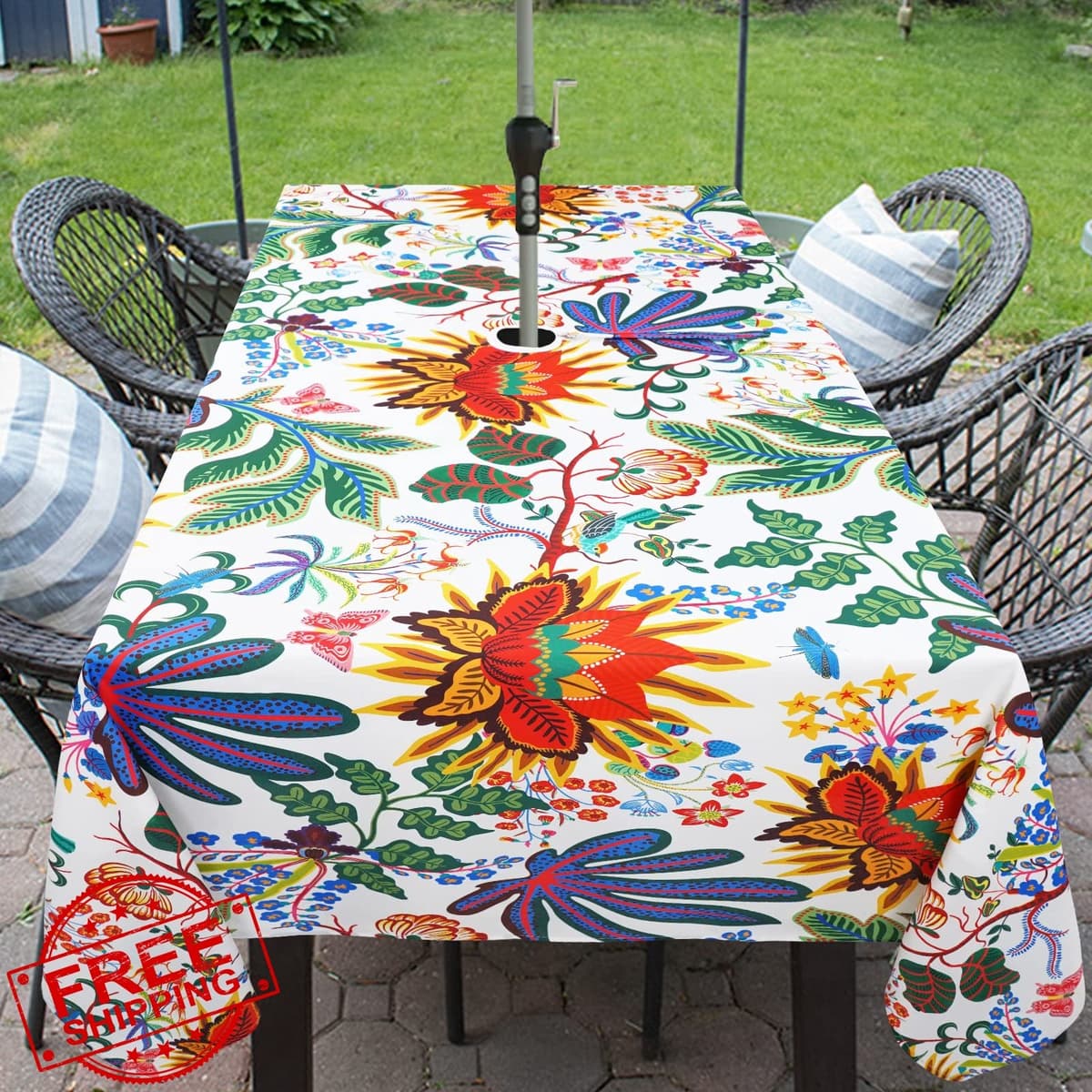 bnhjsdw 60x102" Outdoor Tablecloth Zipper Umbrella Hole Flowers